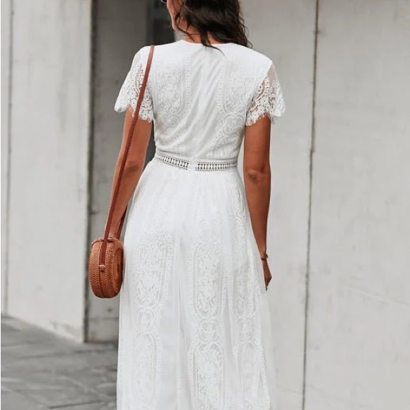 Women's Short Sleeve Floral Lace Wedding Dress Bridesmaid Cocktail - Picture 7 of 10